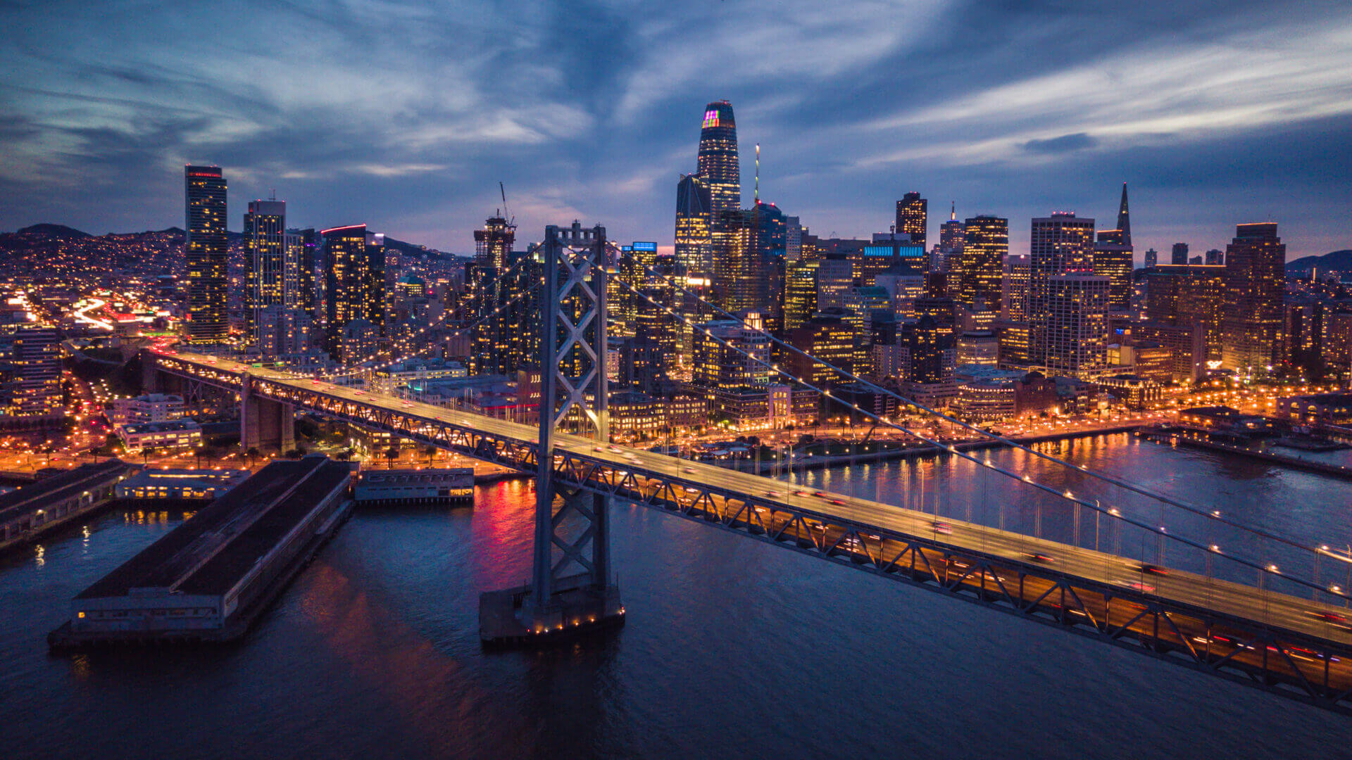 San Francisco skyline and Bay Bridge at night